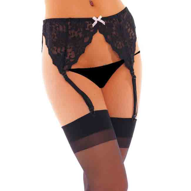 Black Suspenderbelt With Stockings And Bow - Naughty Toy Company