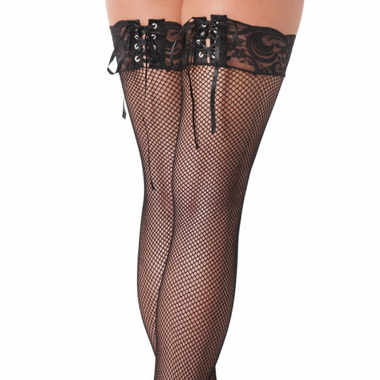 Black Fishnet Stockings With Lace Ribbon Tops - Naughty Toy Company